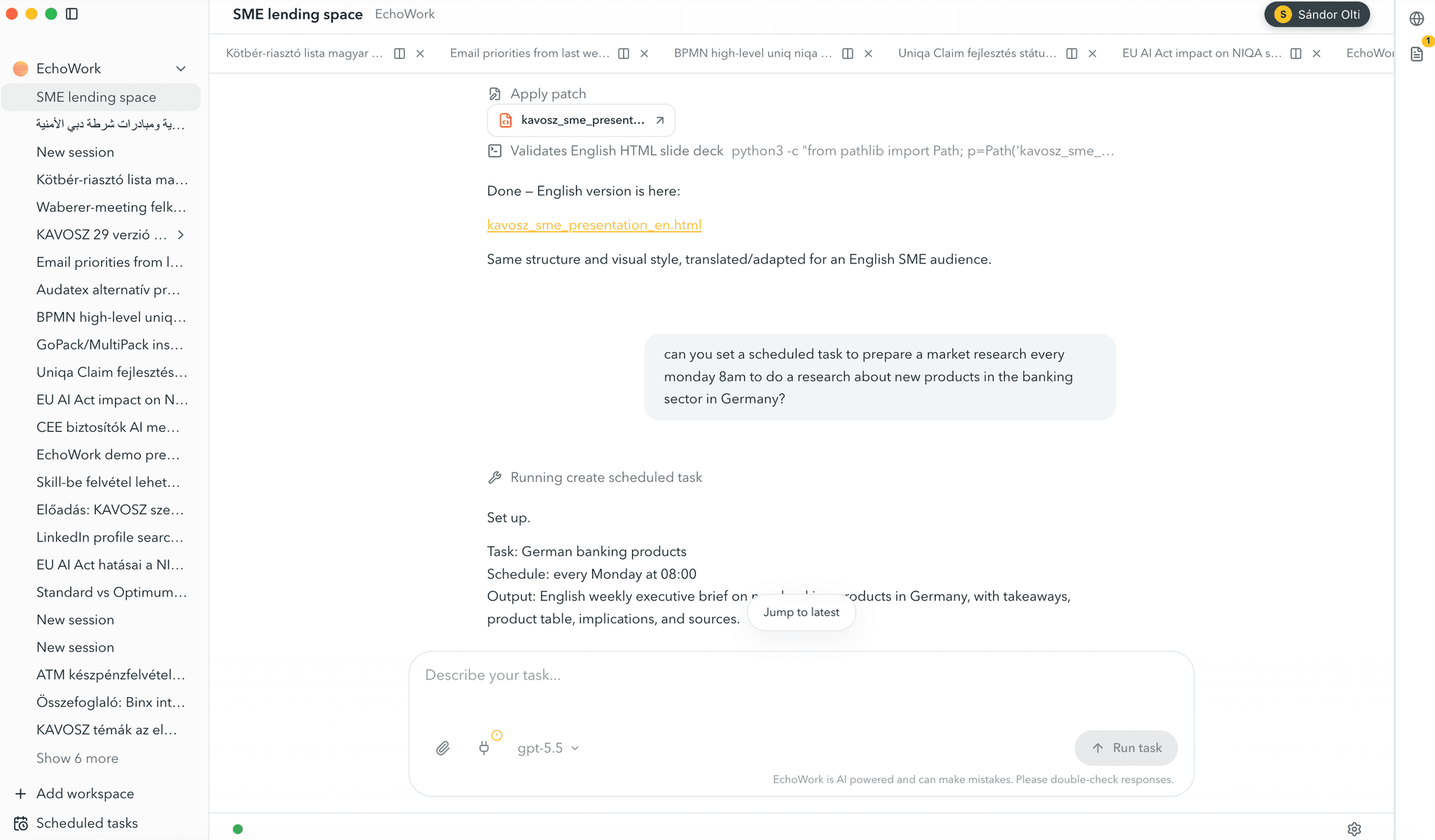 The EchoWork workspace — chat, agent tasks and scheduled work across your tools
