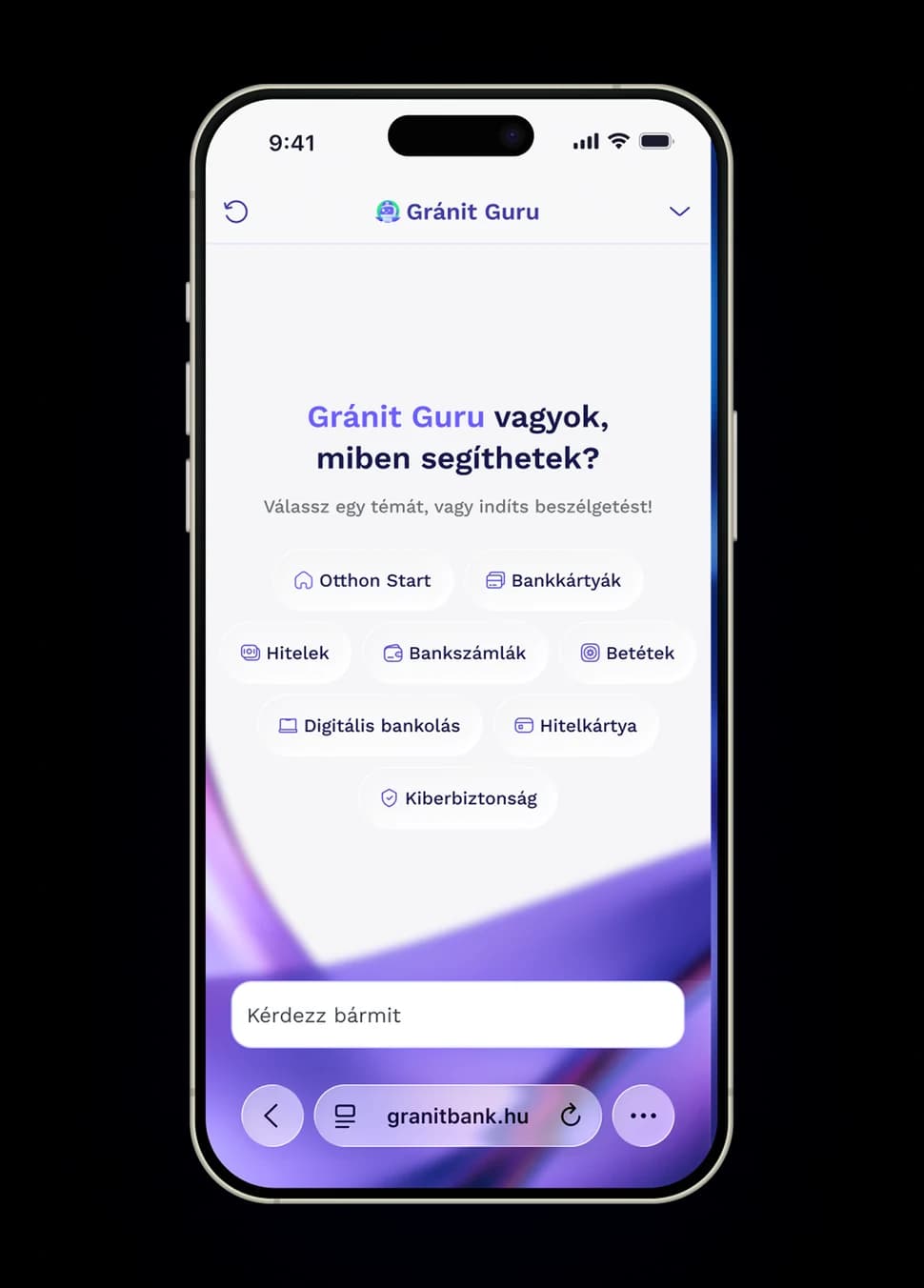 Gránit Guru banking chatbot on mobile