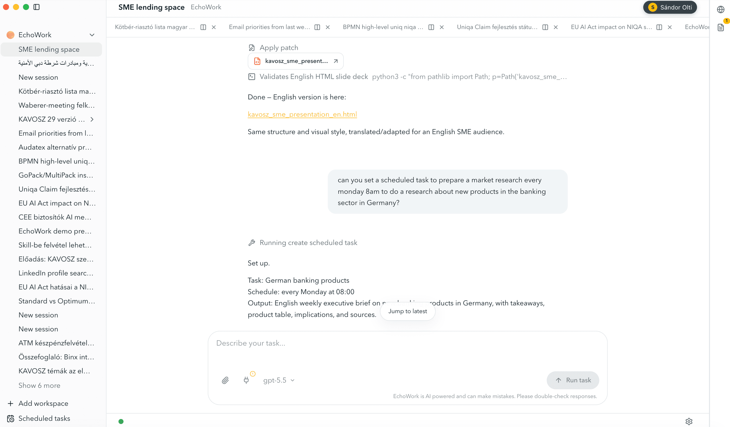 The EchoWork workspace — chat, agent tasks and scheduled work across your tools